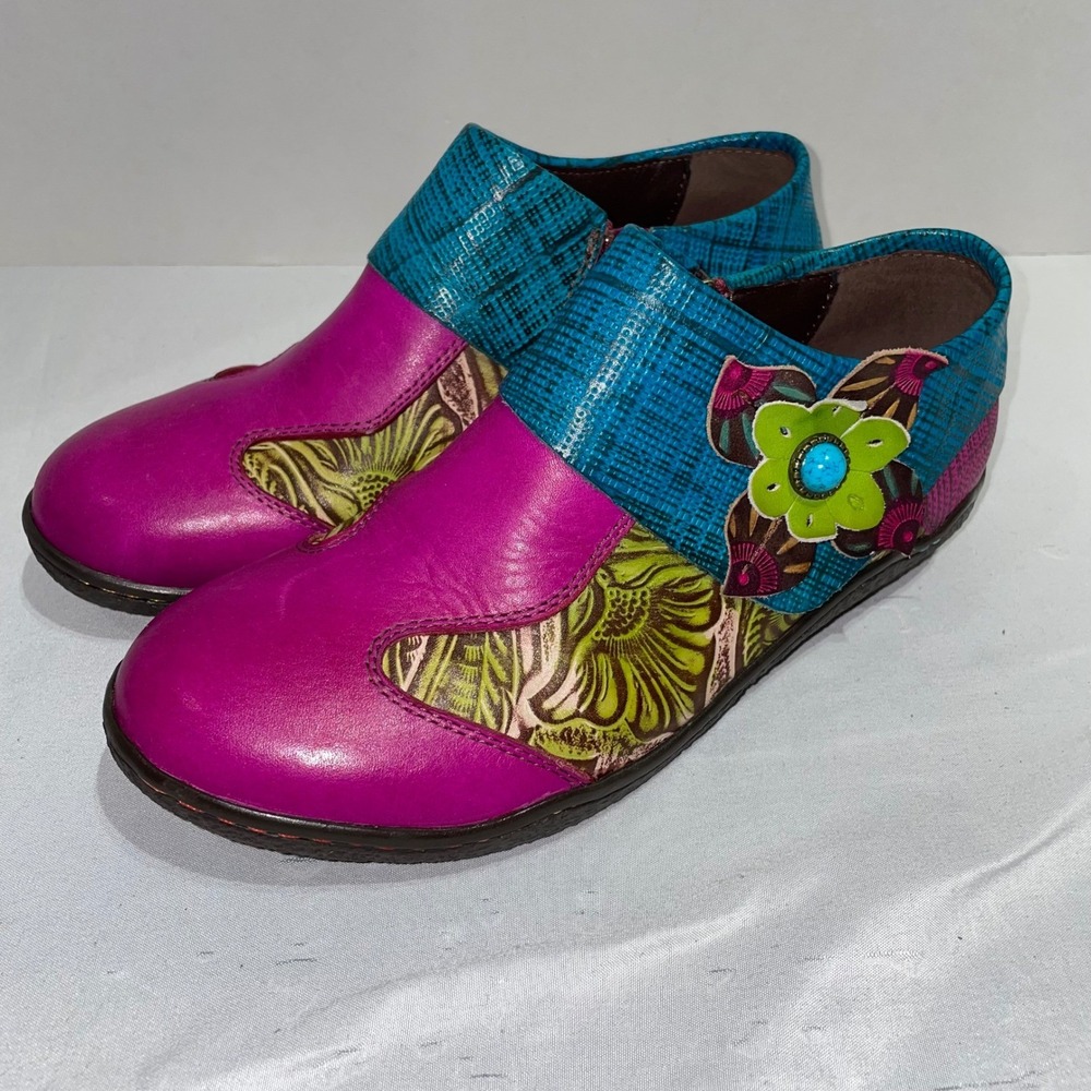 Socofy Women Magenta Teal Floral Leather‎ Ankle Boots Booties 38/38.5